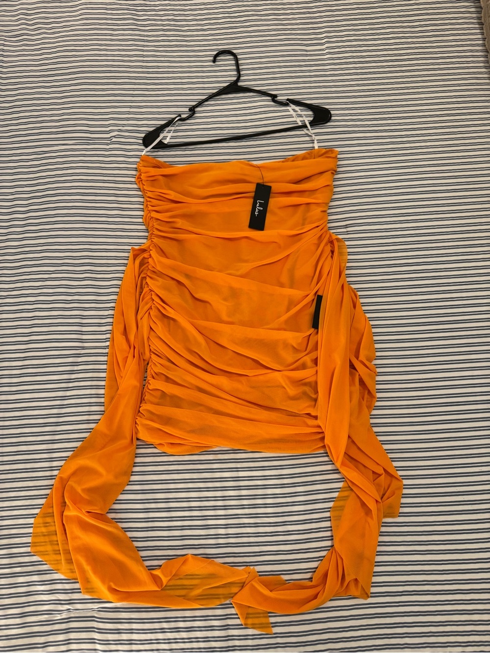 Lulus Seneca Orange Mesh Bodycon Sash Mini Dress